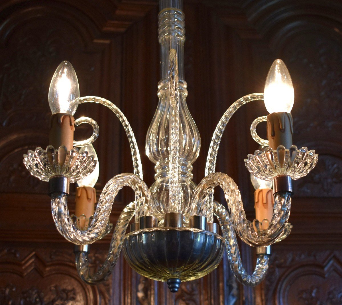 White Twisted Crystal Murano Chandelier, 4 Light Arms, Glass Pendant Light Italy-photo-3