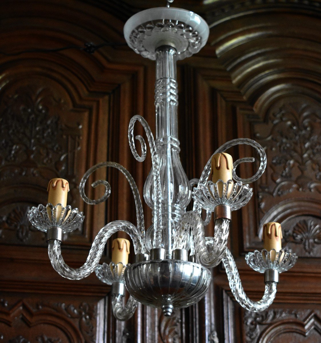 White Twisted Crystal Murano Chandelier, 4 Light Arms, Glass Pendant Light Italy-photo-4