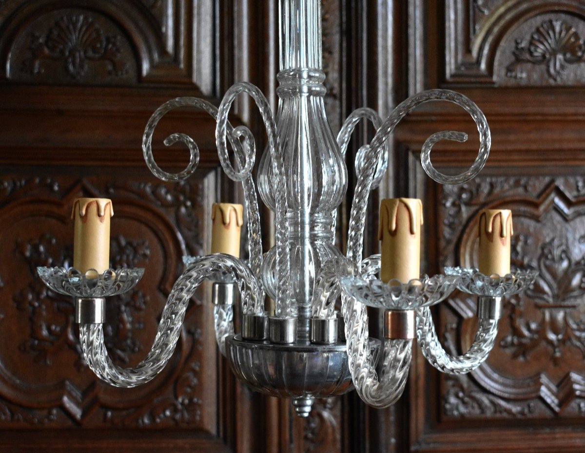 White Twisted Crystal Murano Chandelier, 4 Light Arms, Glass Pendant Light Italy-photo-2