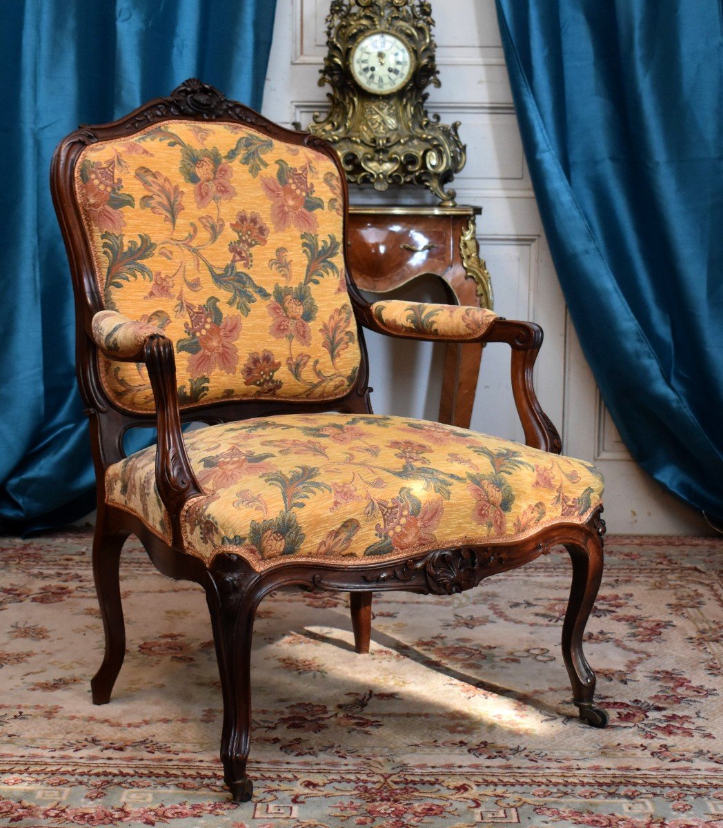 Louis XV Style Queen's Back Armchair, Rosewood From The Napoleon III Period, Recent Upholstery-photo-2