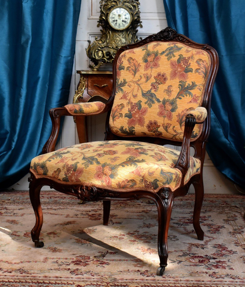 Louis XV Style Queen's Back Armchair, Rosewood From The Napoleon III Period, Recent Upholstery