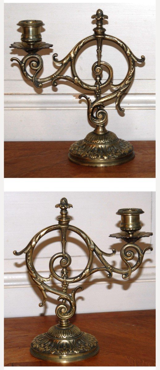 Paire De Bougeoirs En Bronze à Un Bras De Lumière , Rare Modèle époque XIXème Siècle-photo-4