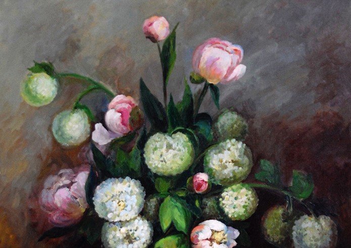 S.clavaud, Important Painting Bouquet Of Flowers, Still Life Peonies And "snowballs" -photo-2