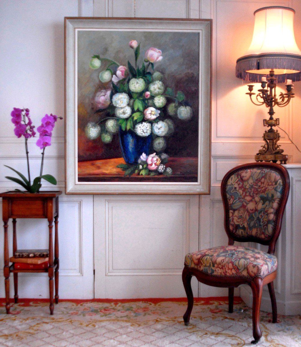 S.clavaud, Important Painting Bouquet Of Flowers, Still Life Peonies And "snowballs" -photo-4