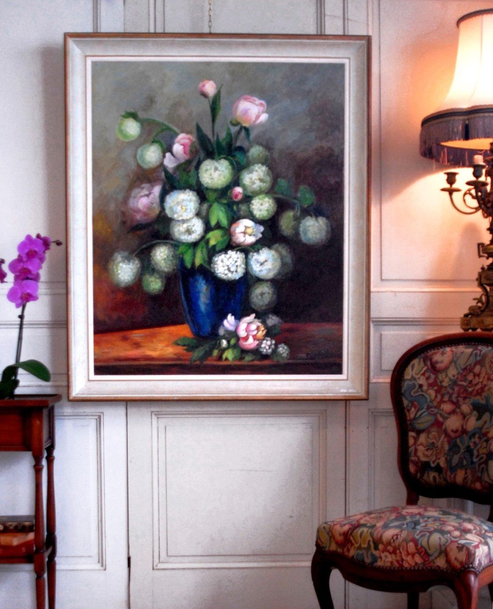 S.clavaud, Important Painting Bouquet Of Flowers, Still Life Peonies And "snowballs" 