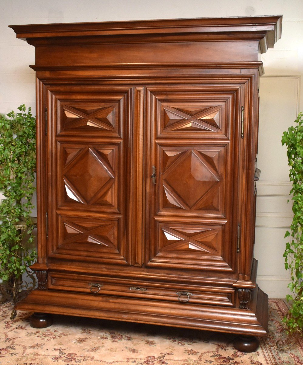 Louis XIII Wardrobe In Solid Walnut, Two Doors And One Drawer, Diamond Points -photo-2