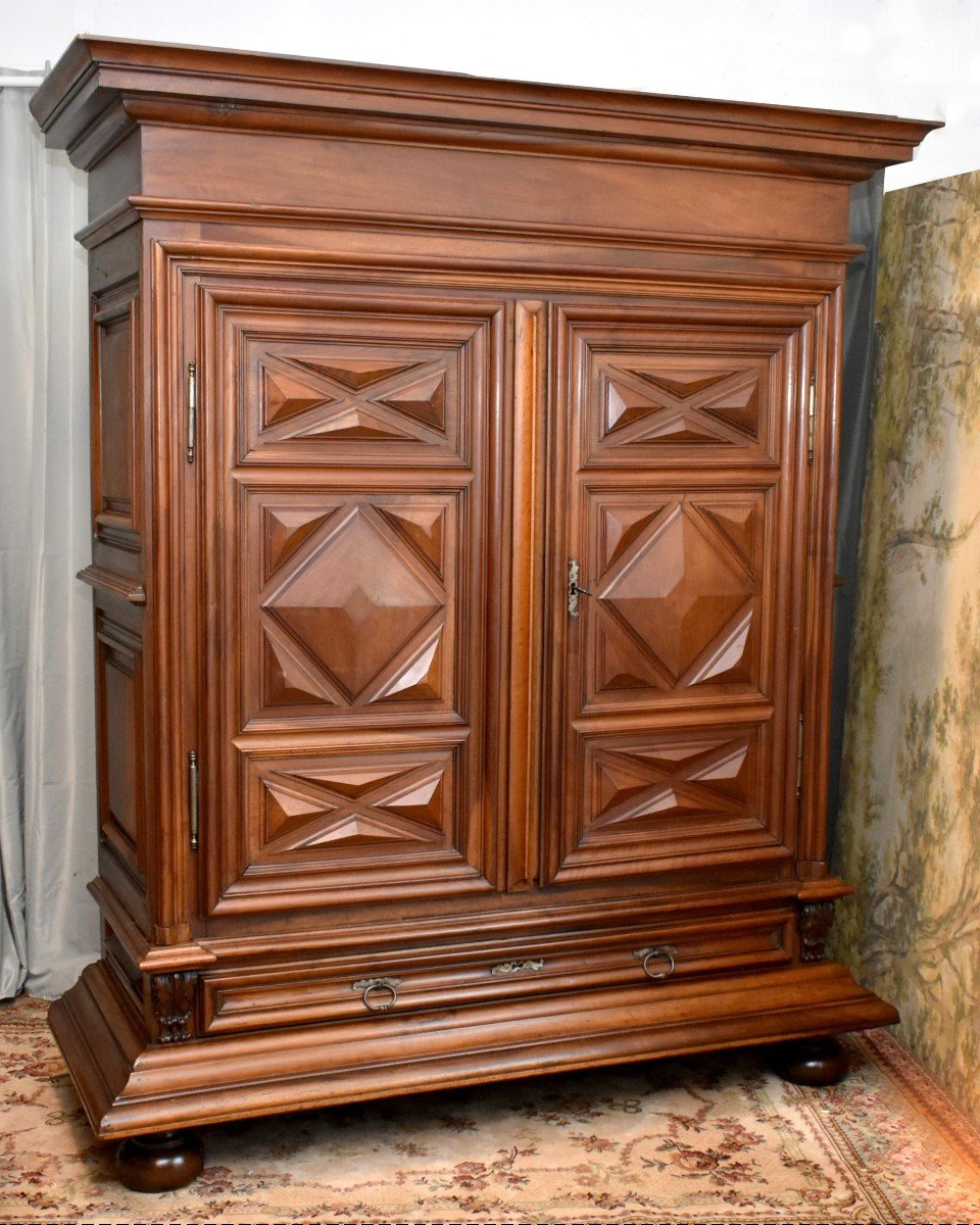 Louis XIII Wardrobe In Solid Walnut, Two Doors And One Drawer, Diamond Points -photo-3