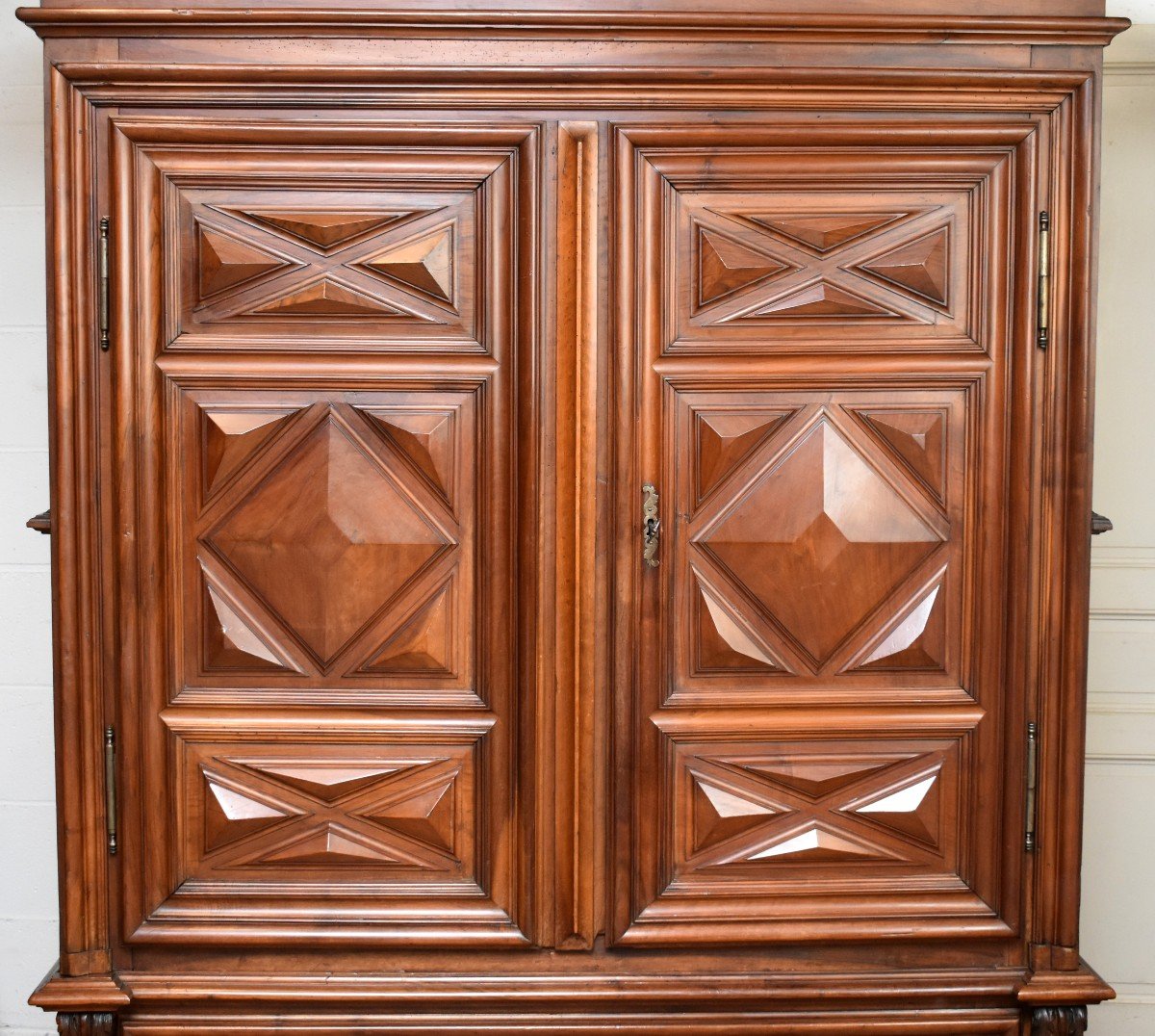 Louis XIII Wardrobe In Solid Walnut, Two Doors And One Drawer, Diamond Points -photo-4