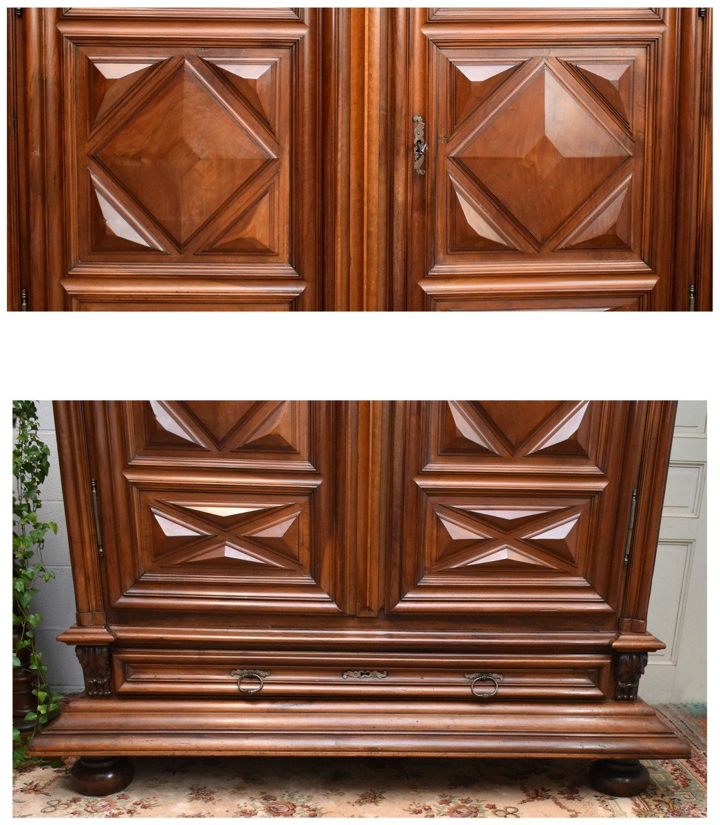 Louis XIII Wardrobe In Solid Walnut, Two Doors And One Drawer, Diamond Points -photo-1