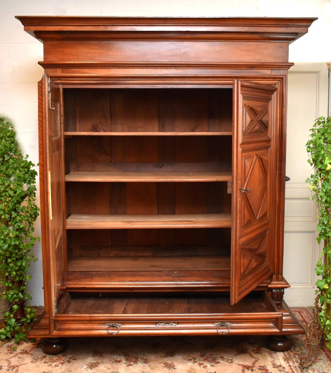 Louis XIII Wardrobe In Solid Walnut, Two Doors And One Drawer, Diamond Points -photo-2