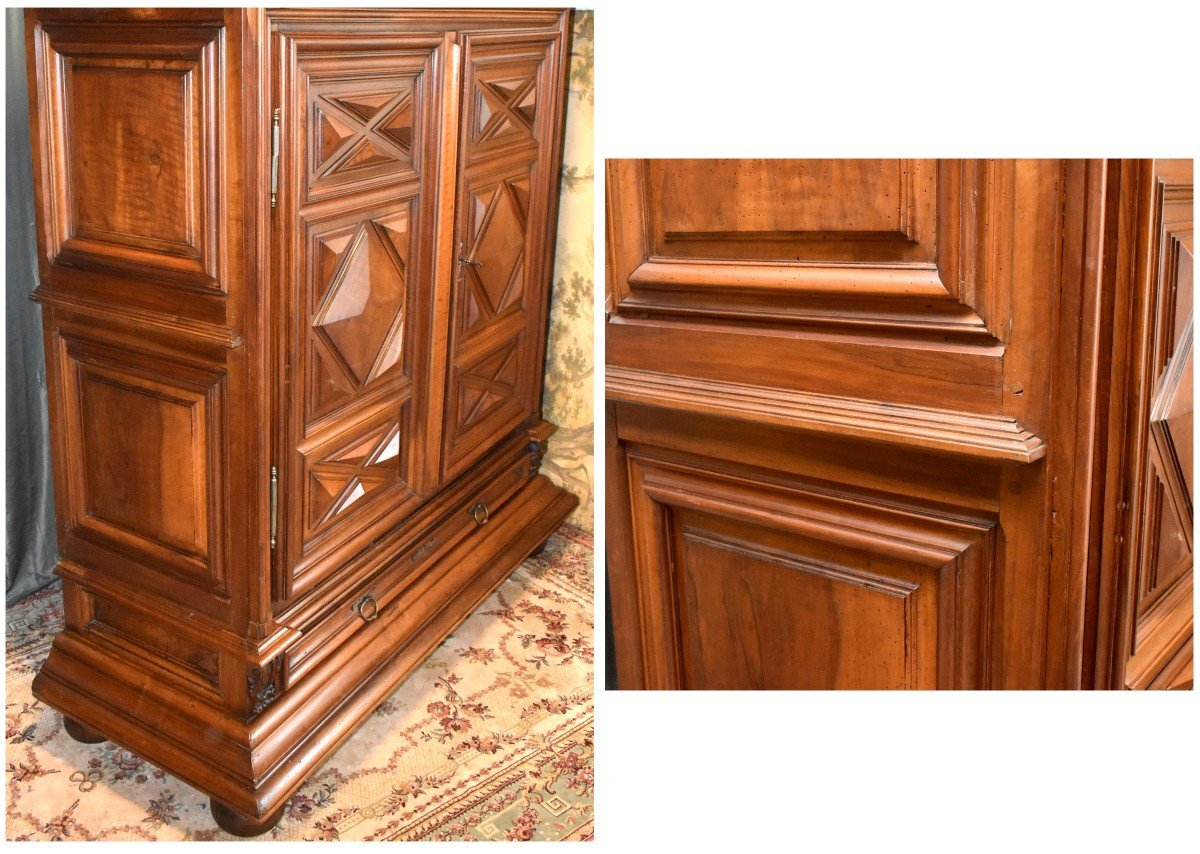 Louis XIII Wardrobe In Solid Walnut, Two Doors And One Drawer, Diamond Points -photo-3