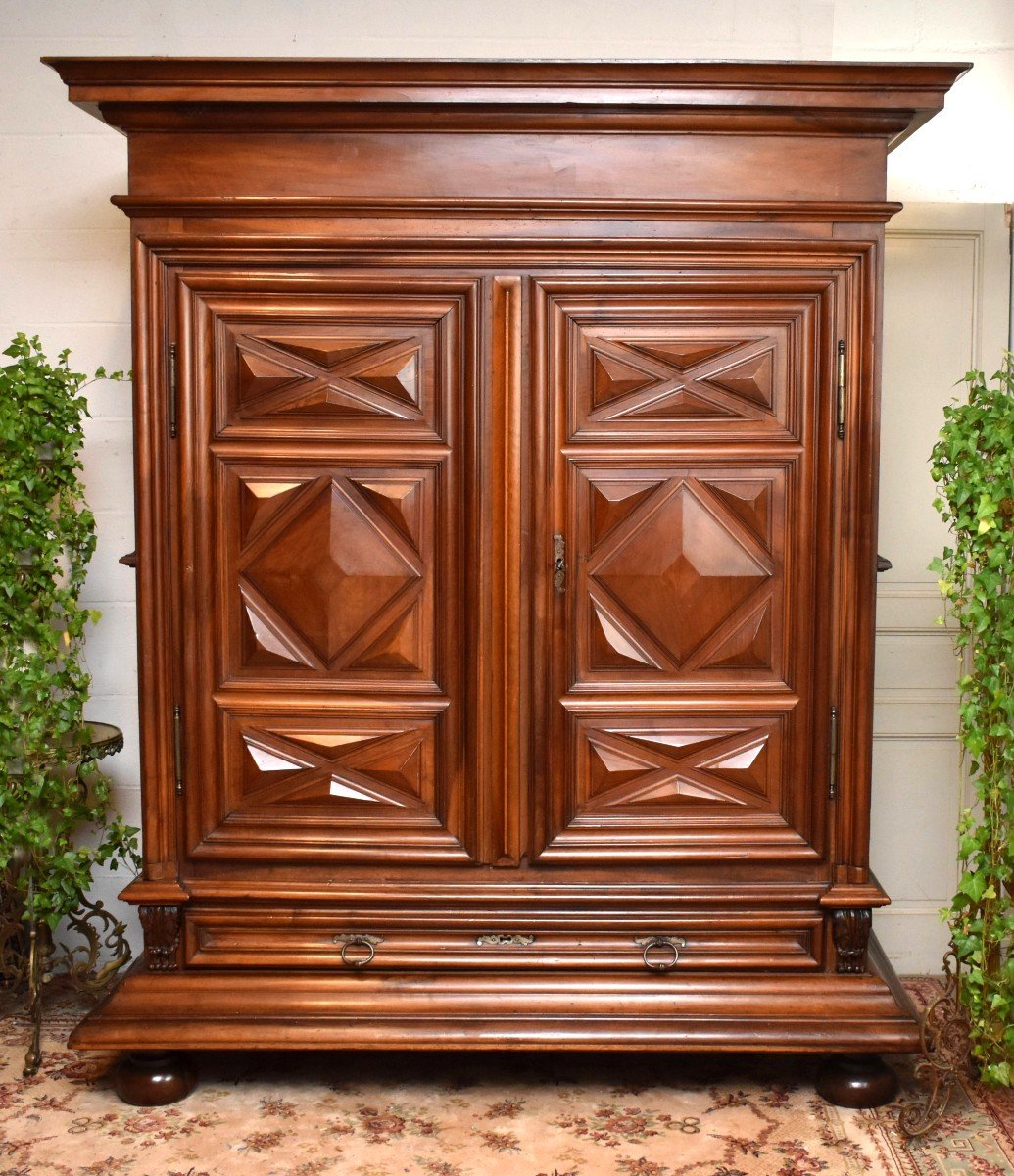 Louis XIII Wardrobe In Solid Walnut, Two Doors And One Drawer, Diamond Points 