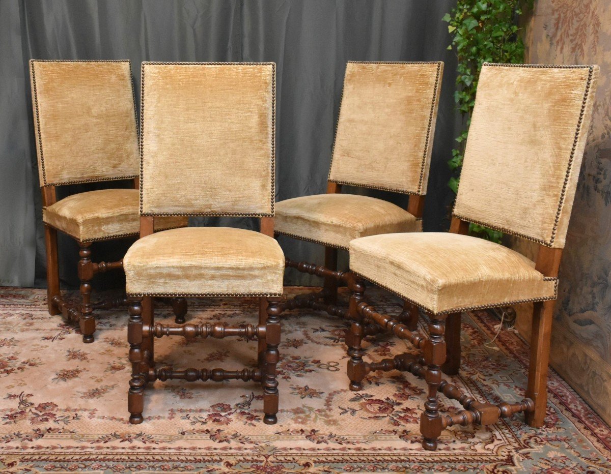 Set Of 4 Louis XIII - Louis XIV Style Chairs In Walnut And High Back Velvet Upholstery -photo-2