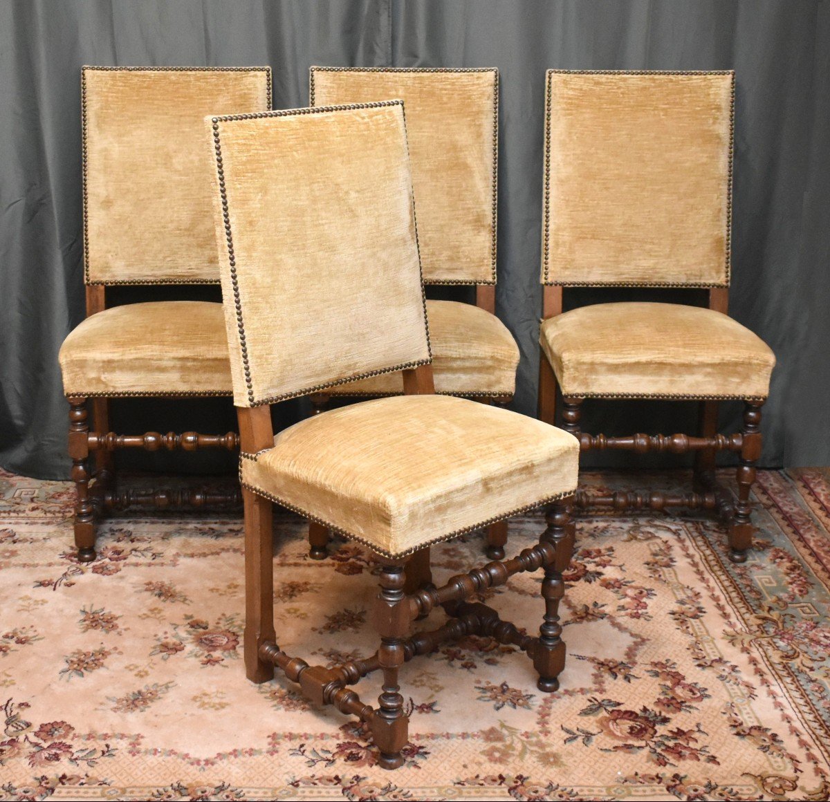 Set Of 4 Louis XIII - Louis XIV Style Chairs In Walnut And High Back Velvet Upholstery -photo-3