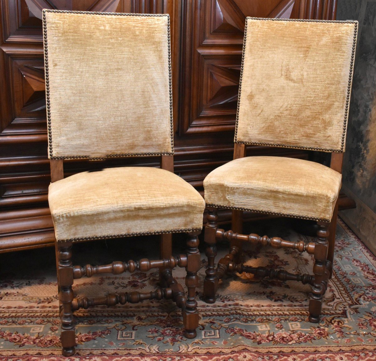 Set Of 4 Louis XIII - Louis XIV Style Chairs In Walnut And High Back Velvet Upholstery -photo-3