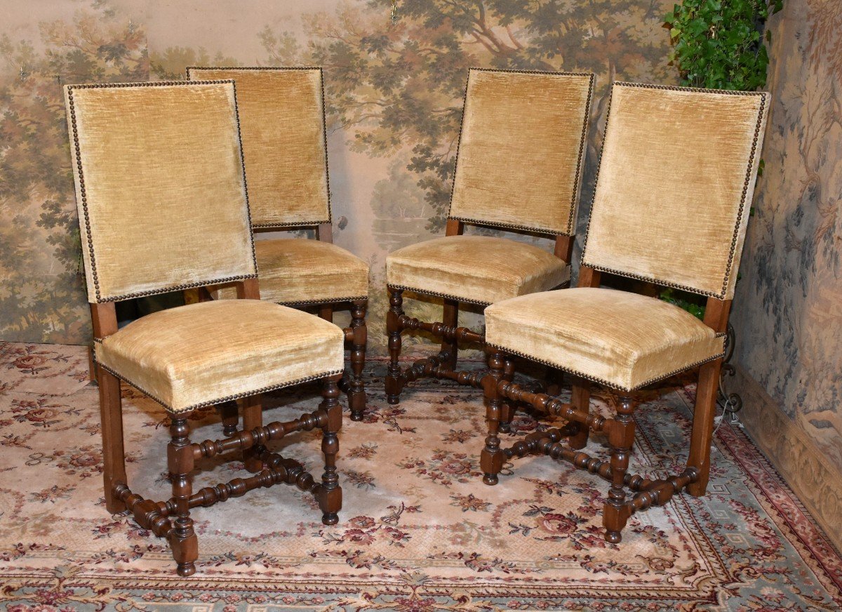 Set Of 4 Louis XIII - Louis XIV Style Chairs In Walnut And High Back Velvet Upholstery 