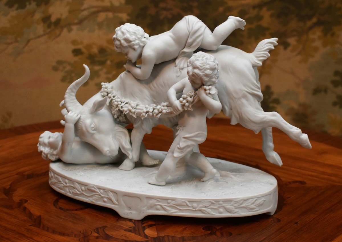 Porcelain Biscuit Group, Subject With Goat And Cupids, Statue Of Cherubs, Sculpture With Putti-photo-3