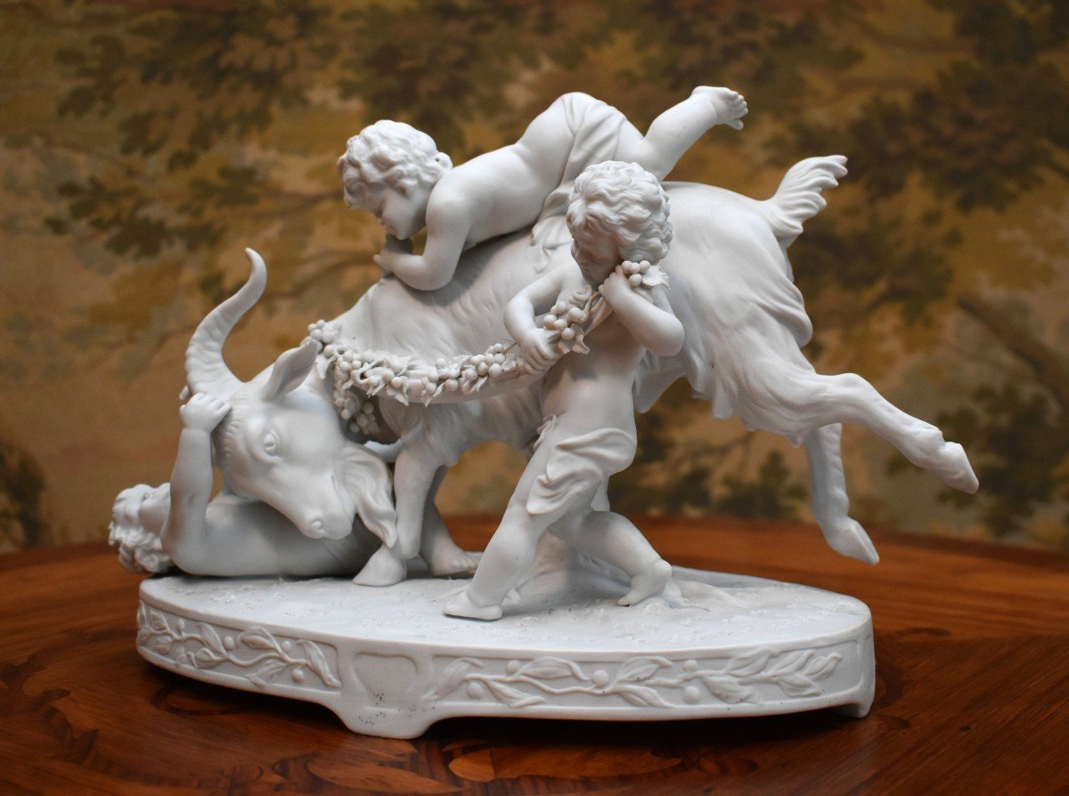 Porcelain Biscuit Group, Subject With Goat And Cupids, Statue Of Cherubs, Sculpture With Putti-photo-4