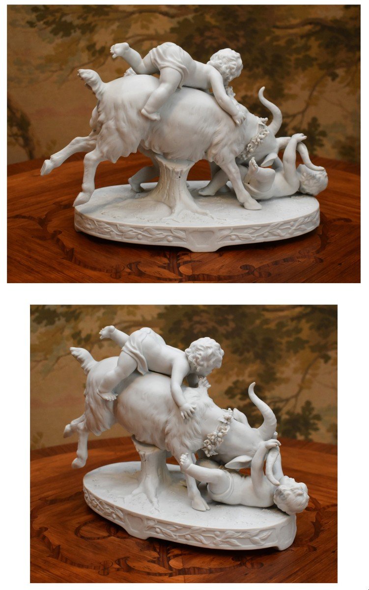 Porcelain Biscuit Group, Subject With Goat And Cupids, Statue Of Cherubs, Sculpture With Putti-photo-1