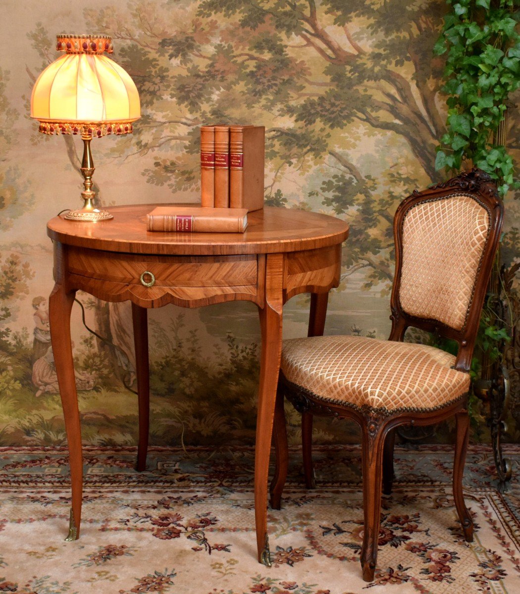 Marquetry Pedestal Table, Louis XV Style, Living Room Table, Mid-century Marquetry Side Table, Frilling -photo-2