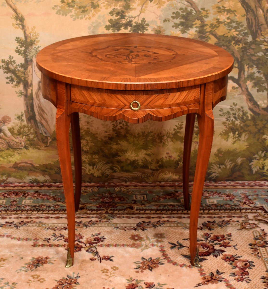 Marquetry Pedestal Table, Louis XV Style, Living Room Table, Mid-century Marquetry Side Table, Frilling -photo-3