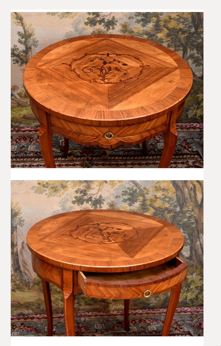 Marquetry Pedestal Table, Louis XV Style, Living Room Table, Mid-century Marquetry Side Table, Frilling -photo-4