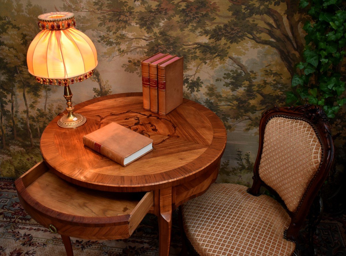 Marquetry Pedestal Table, Louis XV Style, Living Room Table, Mid-century Marquetry Side Table, Frilling -photo-1