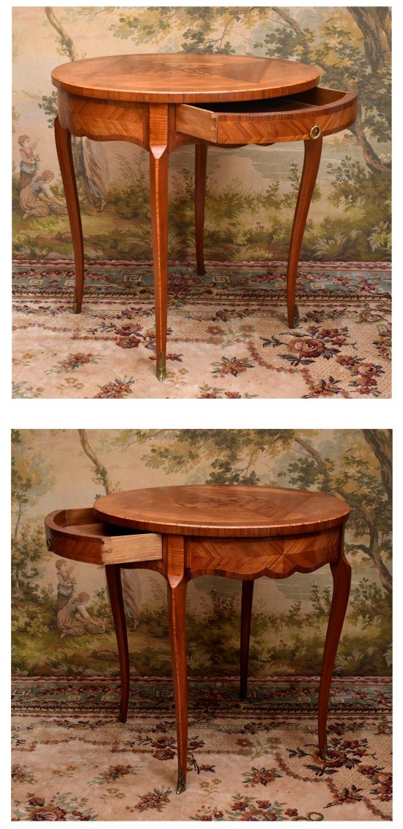 Marquetry Pedestal Table, Louis XV Style, Living Room Table, Mid-century Marquetry Side Table, Frilling -photo-2