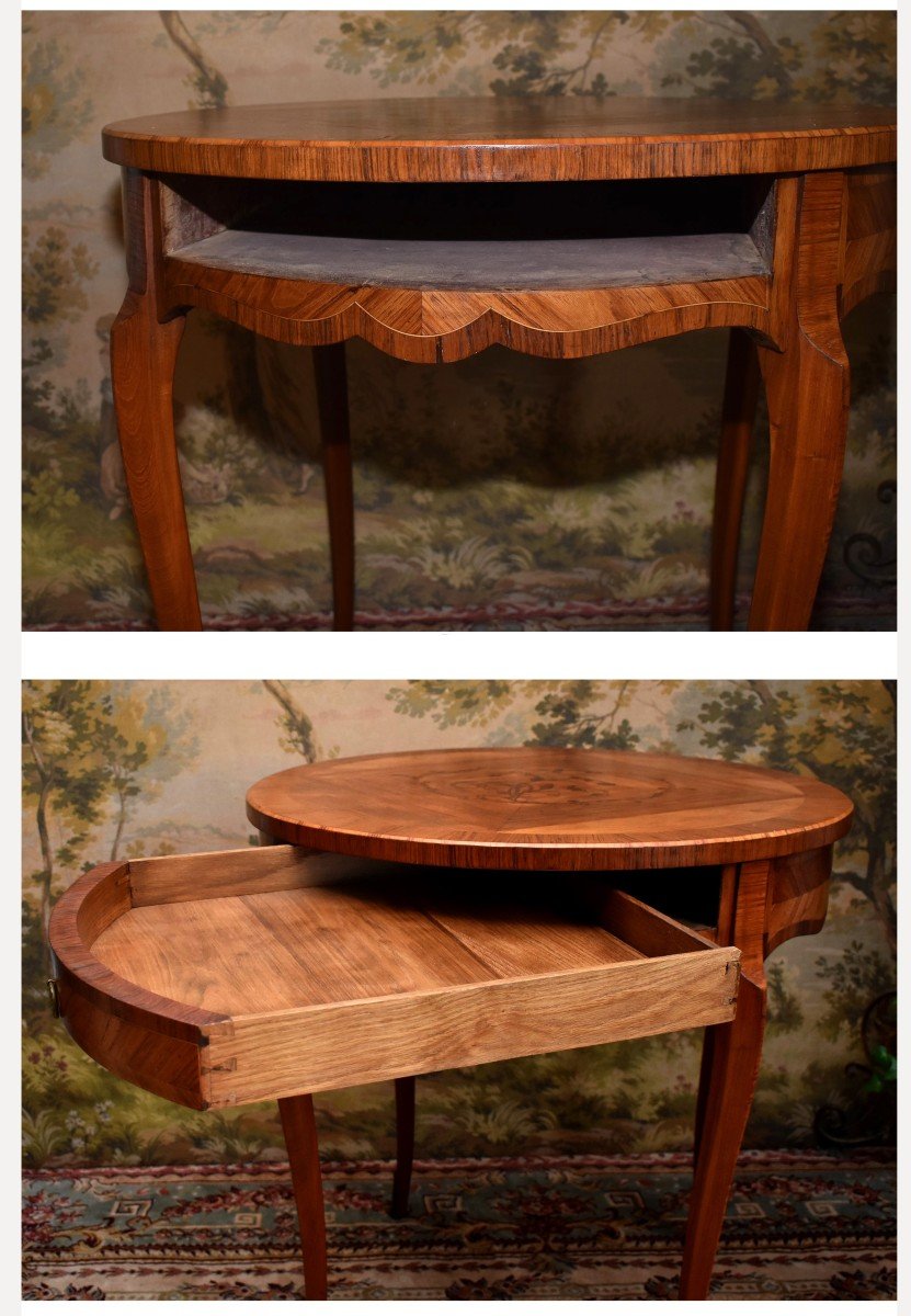 Marquetry Pedestal Table, Louis XV Style, Living Room Table, Mid-century Marquetry Side Table, Frilling -photo-3