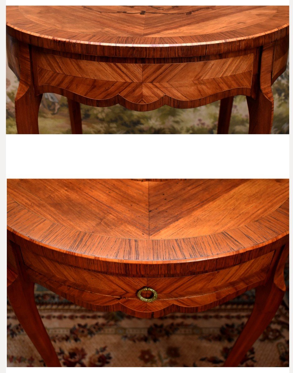 Marquetry Pedestal Table, Louis XV Style, Living Room Table, Mid-century Marquetry Side Table, Frilling -photo-4