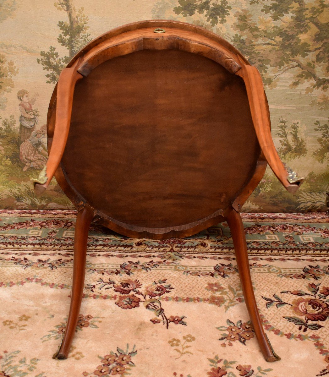 Marquetry Pedestal Table, Louis XV Style, Living Room Table, Mid-century Marquetry Side Table, Frilling -photo-8