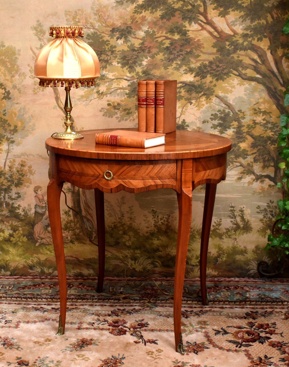 Marquetry Pedestal Table, Louis XV Style, Living Room Table, Mid-century Marquetry Side Table, Frilling 