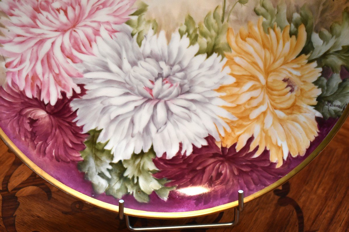 Decorative Dish In Limoges Porcelain, Entirely Hand Painted, Floral Decor, Signed Malavaud.-photo-3