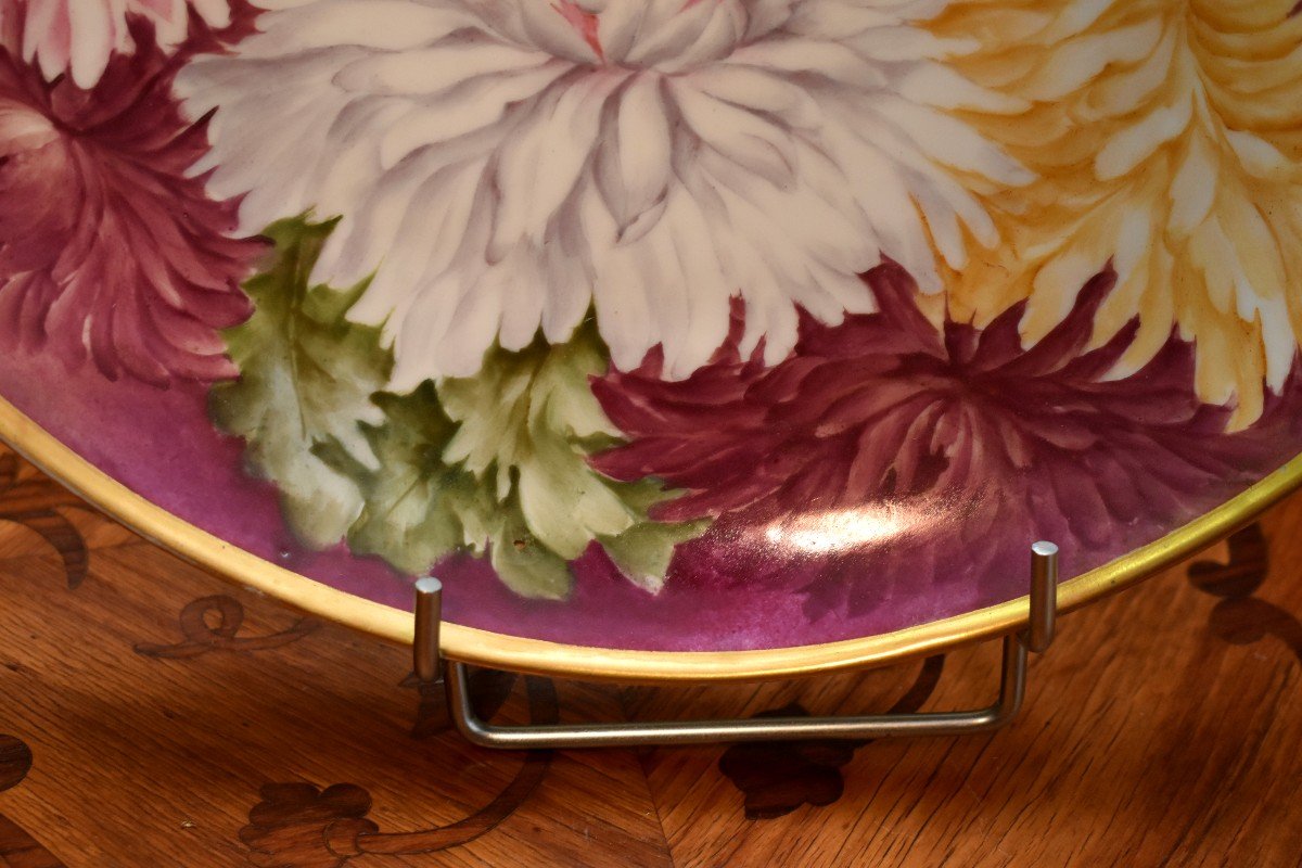 Decorative Dish In Limoges Porcelain, Entirely Hand Painted, Floral Decor, Signed Malavaud.-photo-4