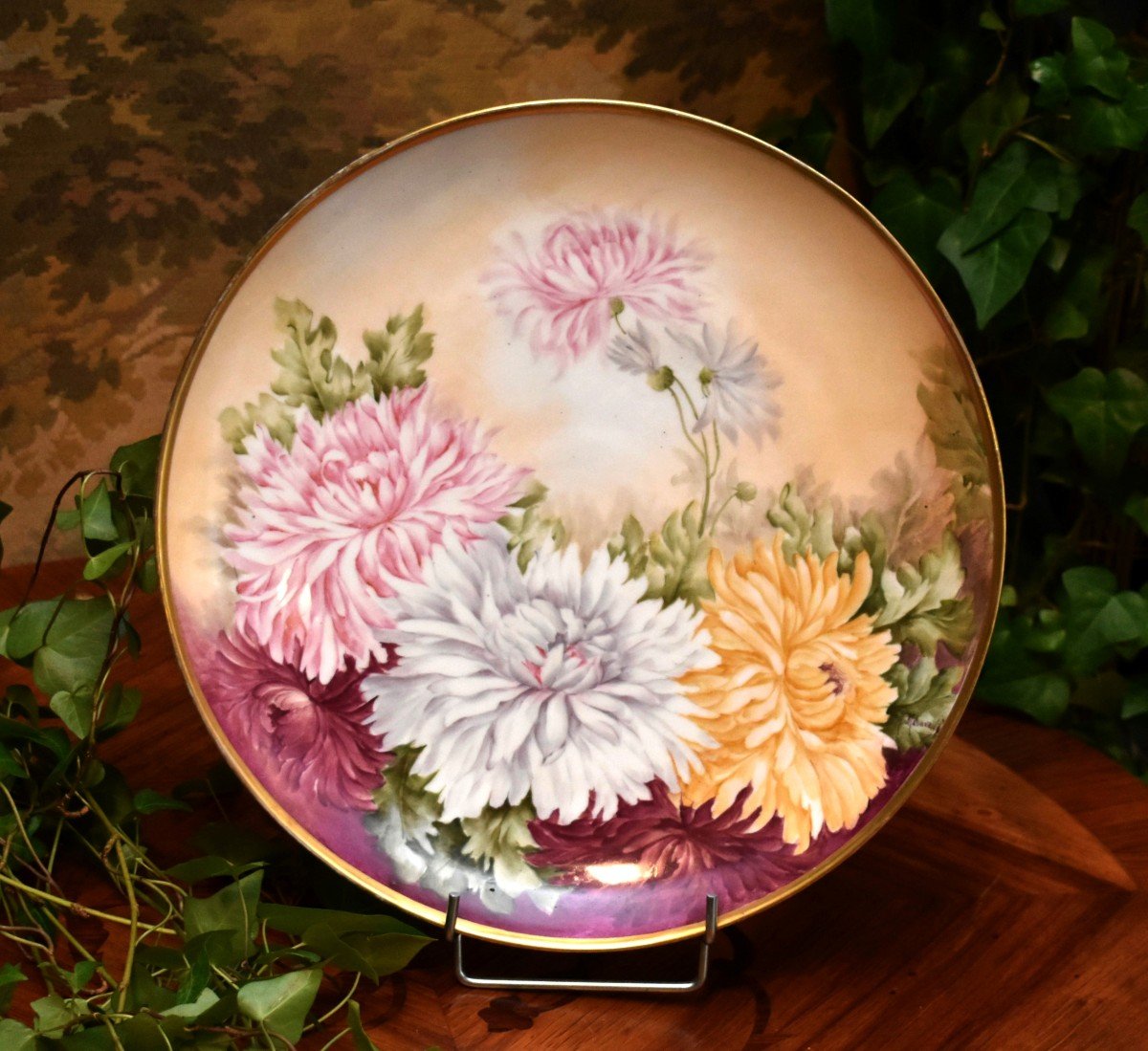 Decorative Dish In Limoges Porcelain, Entirely Hand Painted, Floral Decor, Signed Malavaud.