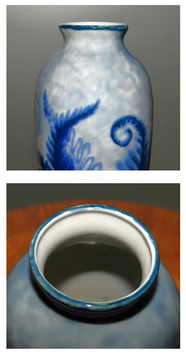 Camille Tharaud Limoges, Grand Vase En Porcelaine émaillée à Décor  De Fougères Bleues, 1930-photo-6