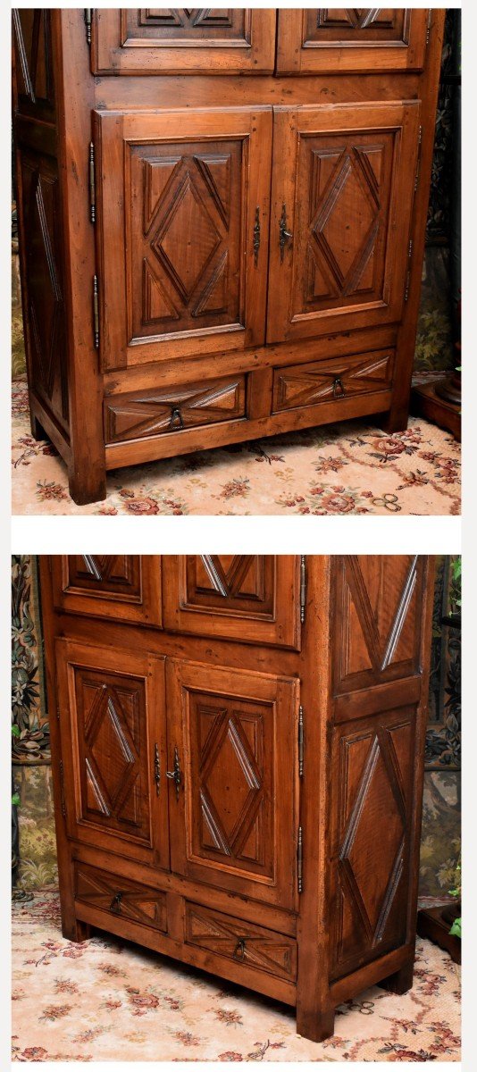 Small Louis XIII 4-door Walnut Cabinet, Four-leaf Sideboard, Diamond Points;-photo-3