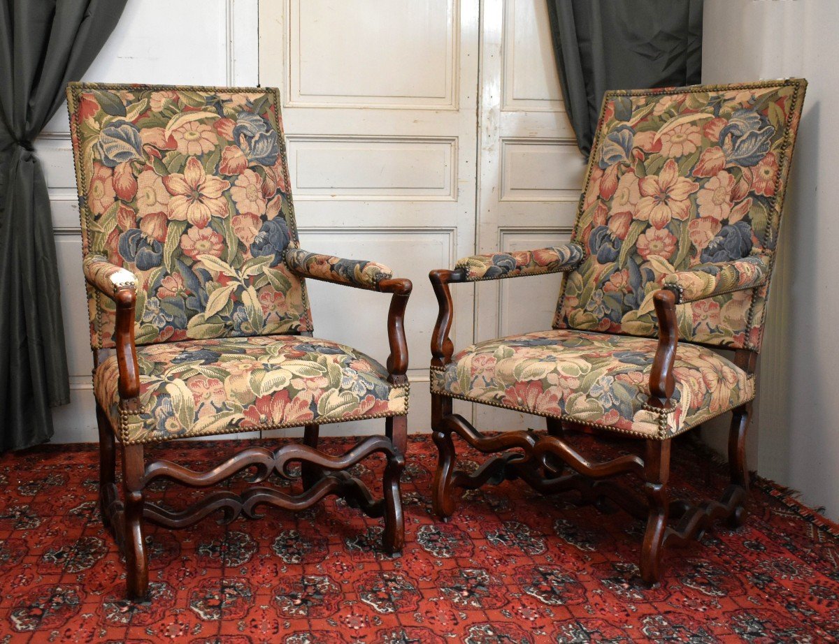 Paire De Grands Fauteuils De Style Louis XIII Louis XIV En Os De Mouton,  Haut Dossier Plat -photo-2