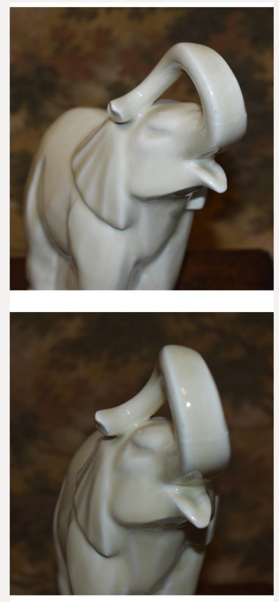 Elephant Subject In Limoges Enameled Porcelain, Cream Color-photo-3