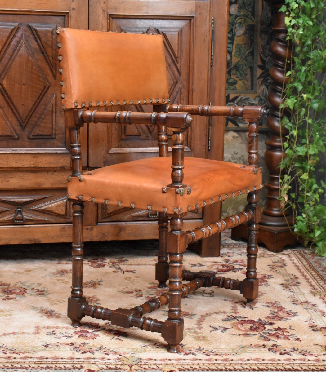 Louis XIII Style Walnut Armchair, Leather Backrest And Seat, For Office, 19th Century-photo-2