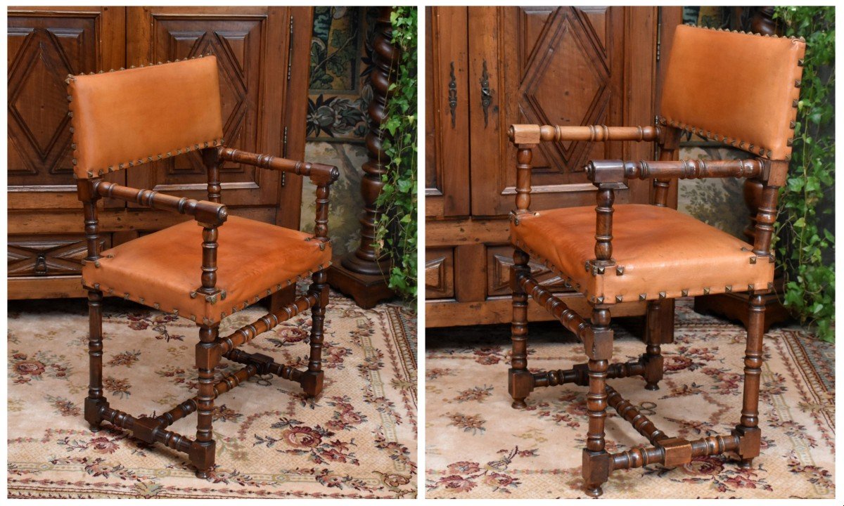 Louis XIII Style Walnut Armchair, Leather Backrest And Seat, For Office, 19th Century-photo-3