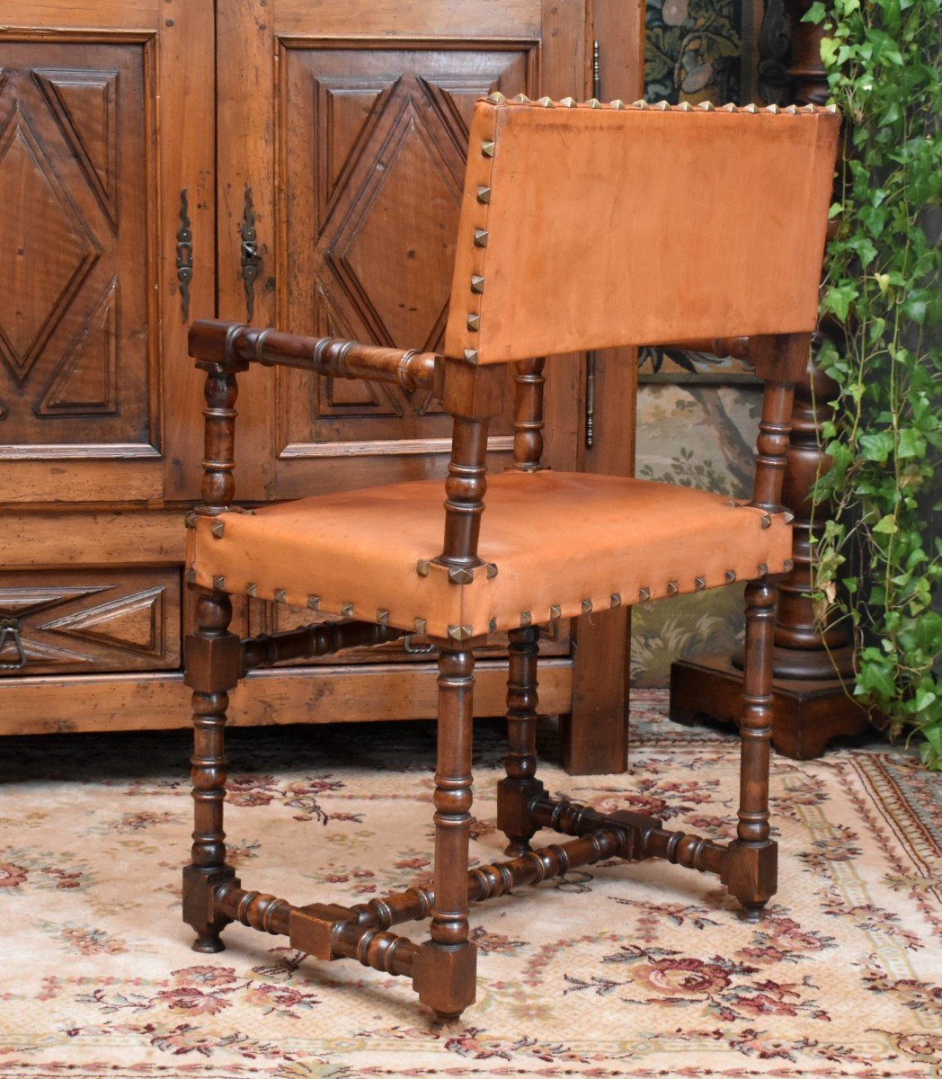 Louis XIII Style Walnut Armchair, Leather Backrest And Seat, For Office, 19th Century-photo-4