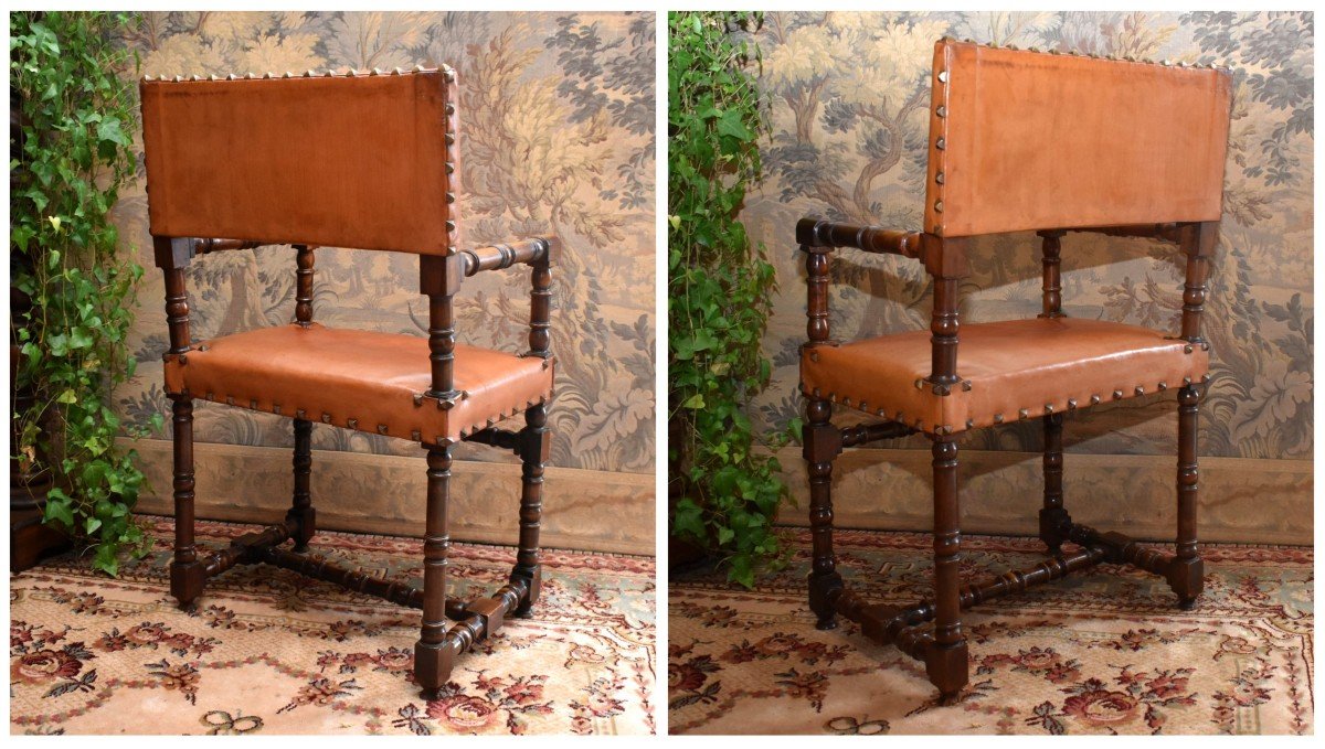 Louis XIII Style Walnut Armchair, Leather Backrest And Seat, For Office, 19th Century-photo-1