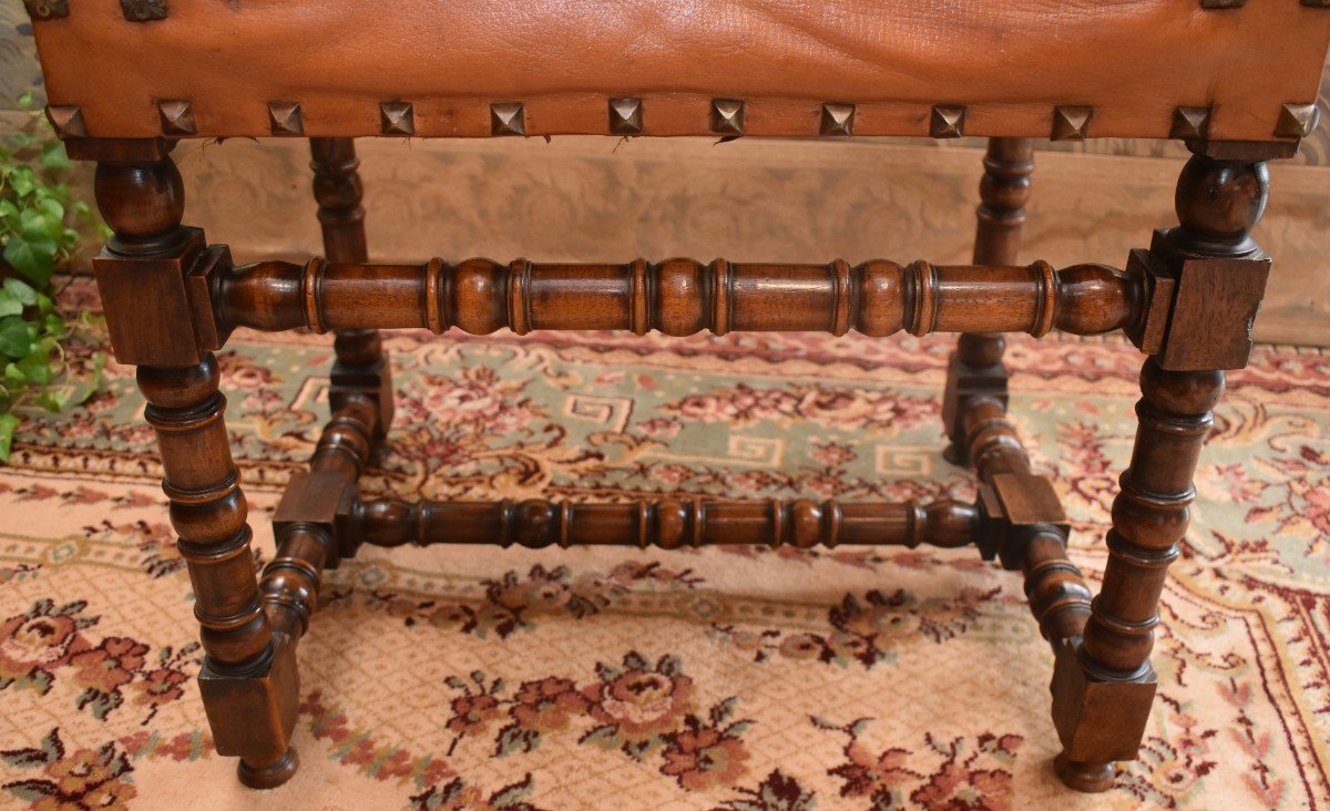 Louis XIII Style Walnut Armchair, Leather Backrest And Seat, For Office, 19th Century-photo-4