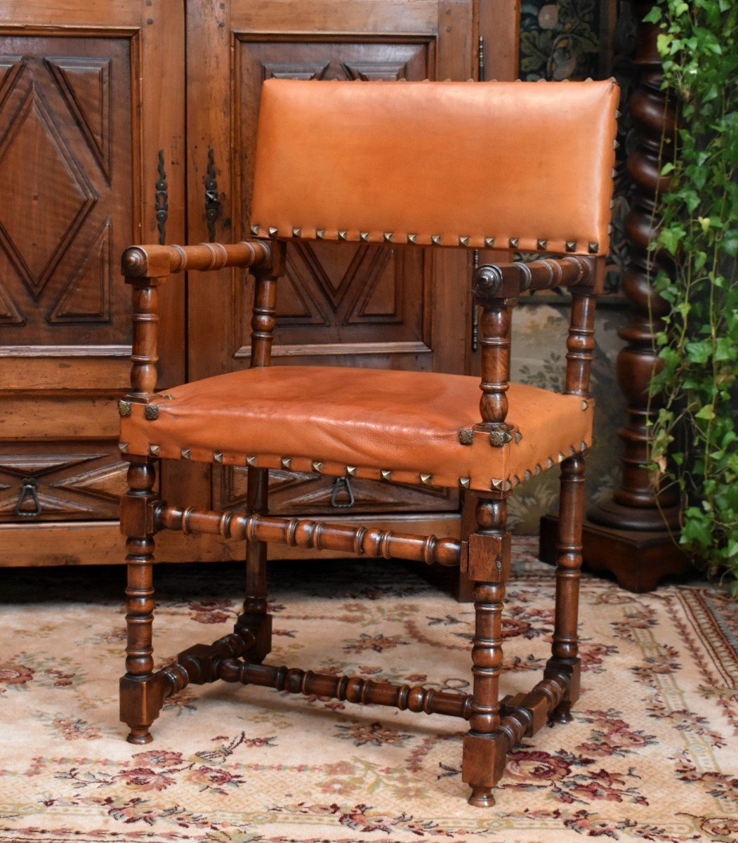 Louis XIII Style Walnut Armchair, Leather Backrest And Seat, For Office, 19th Century