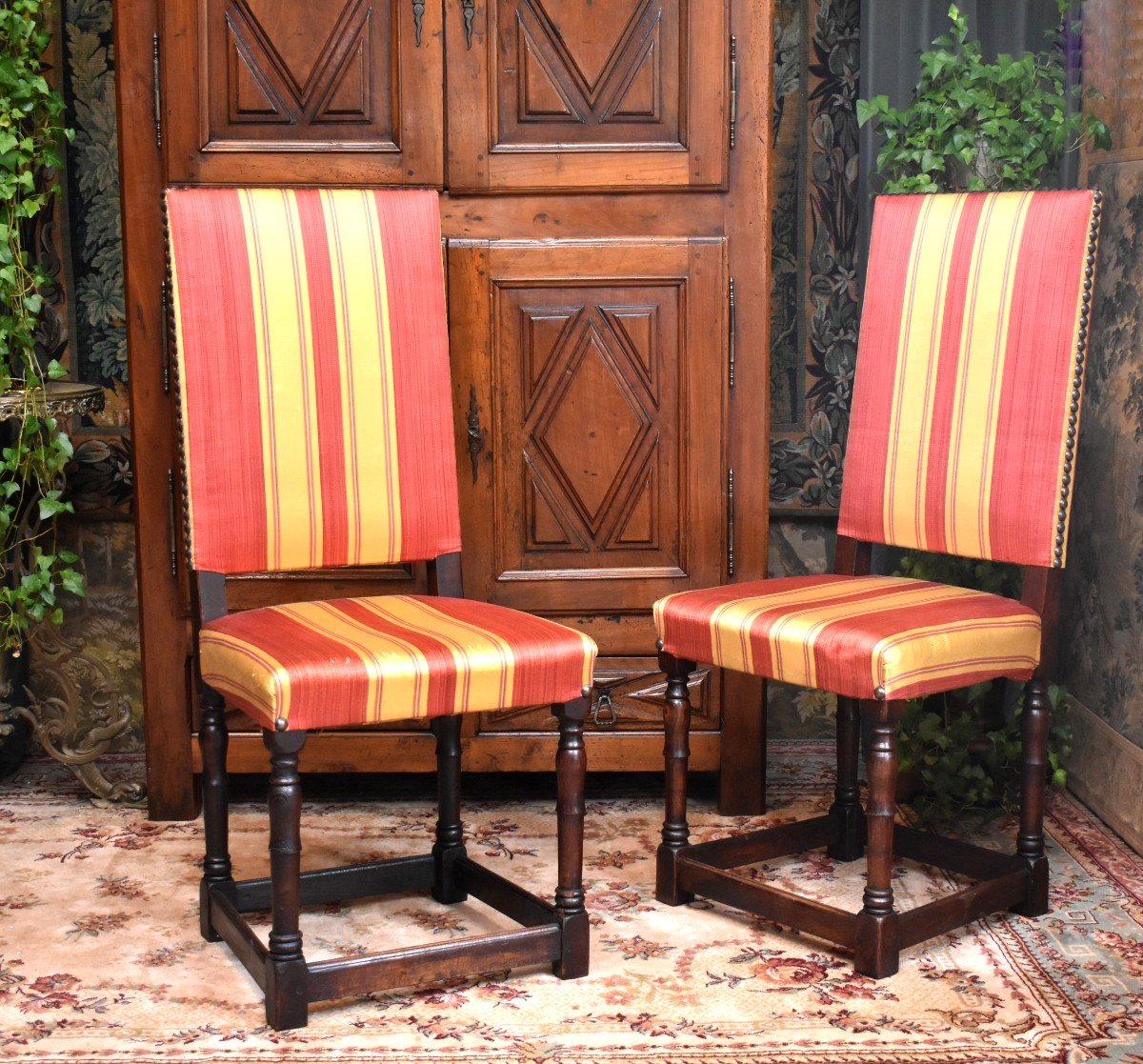 Pair Of Louis XIII Style High Back Chairs, Haute Epoque, Renaissance,