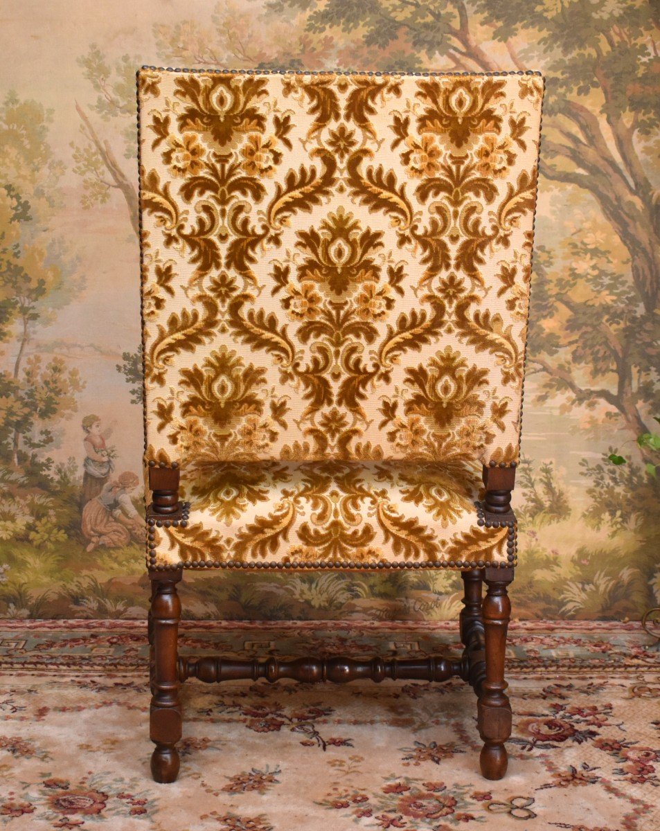 Grand Fauteuil De Style Louis XIII - Louis XIV ,  Large Et Haut Dossier , Tissu Velours Gaufré-photo-2