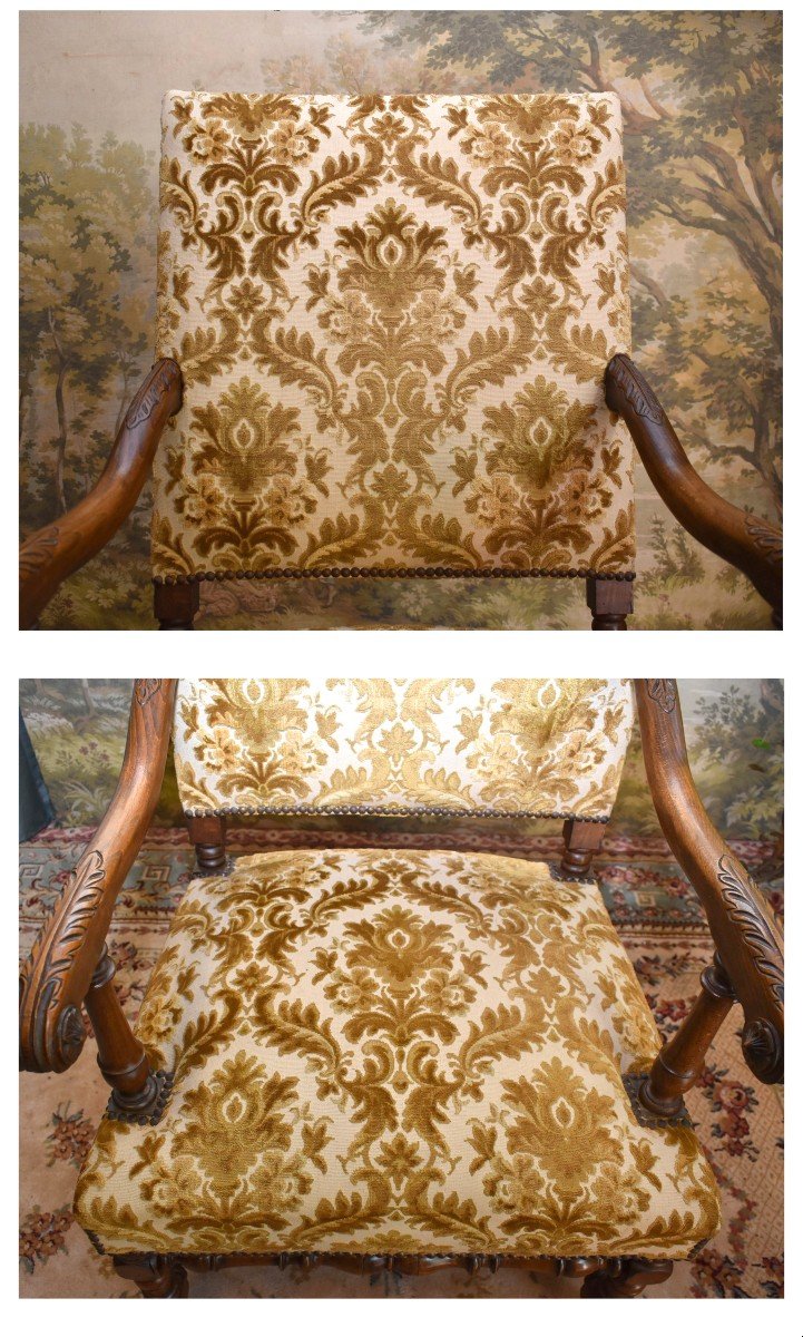 Grand Fauteuil De Style Louis XIII - Louis XIV ,  Large Et Haut Dossier , Tissu Velours Gaufré-photo-5