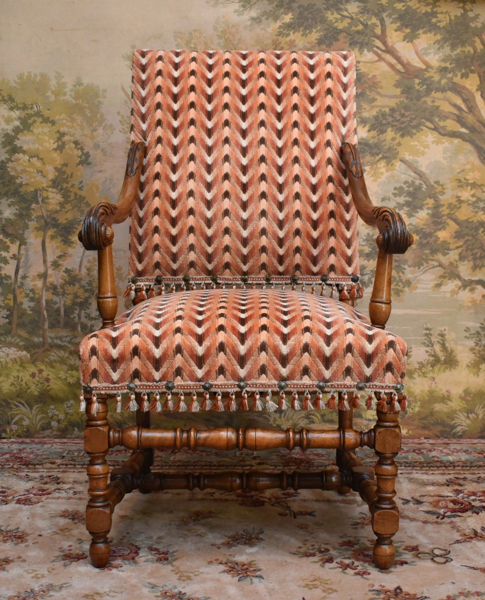 Large Louis XIII - Louis XIV Style Armchair, Wide And High Back, Herringbone Pattern Fabric-photo-3