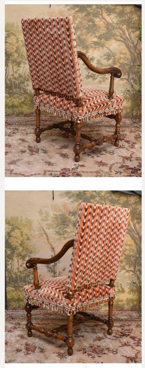 Large Louis XIII - Louis XIV Style Armchair, Wide And High Back, Herringbone Pattern Fabric-photo-1